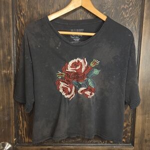 Happy Colors Vintage Inspired Black/Gray Floral Embroidered Tee 'Worn Look'